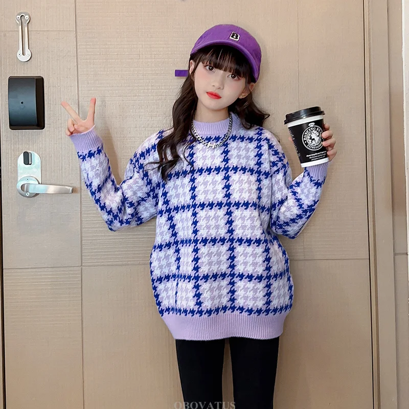 Children Luxury Brand Plaid Sweater for Girls Fashion Street Style Knitwear Teenage Kids New Spring Knitted Clothing Size 4-14Y