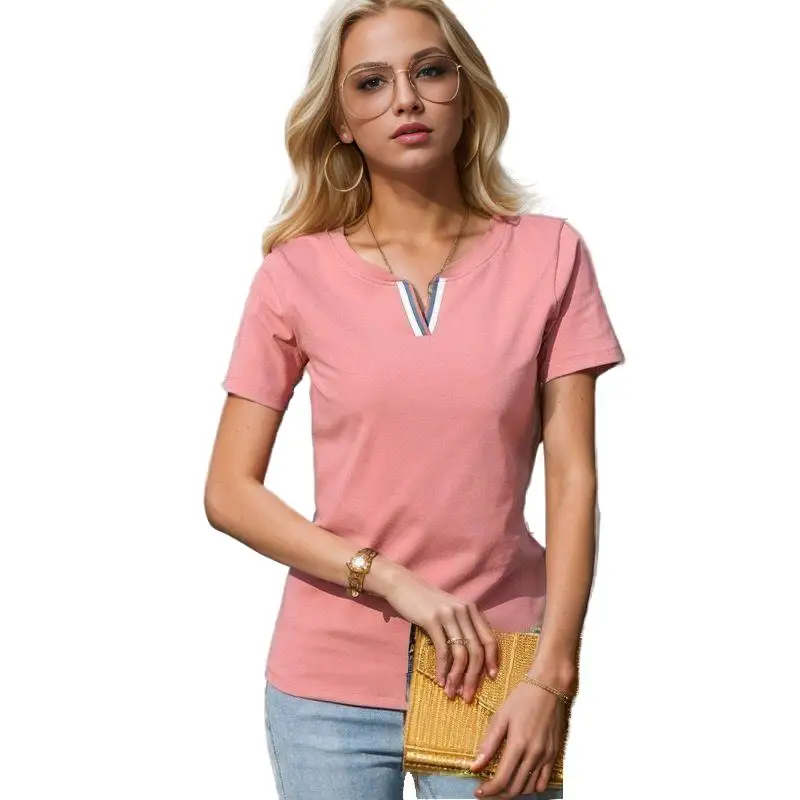 2024 V Neck 100% Cotton T Shirt Women Summer Fashion Short-Sleeve Tops Women Plus Size T-shirt Loose Korean Style Female Blouse