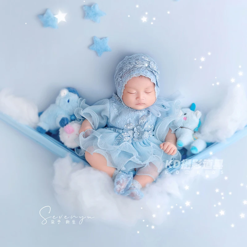 Newborn Baby Blue Fairy Photography Props Lace Ruffle Dress, Bonnet & Unicorn Toys, Cute Infant Girl Photo Costume for 0-1 Month