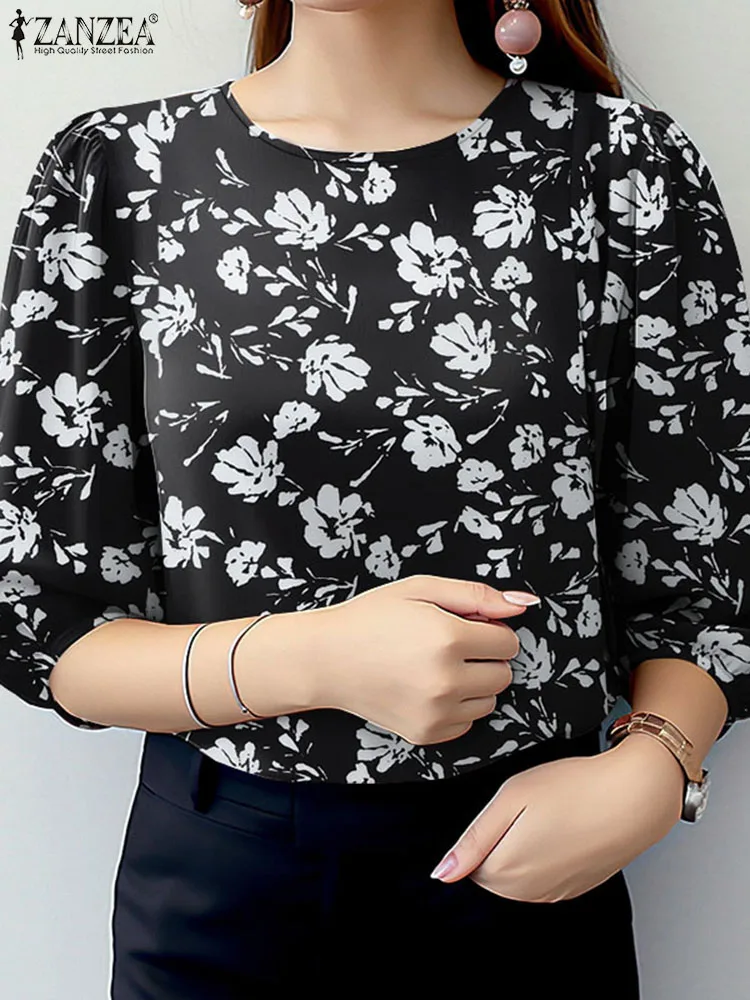 ZANZEA Puff Sleeve Elegant Blouses Casual All-over Floral Print Autumn Commute Blusas Mujer 2024 Fashion Women O Neck Shirt Tops