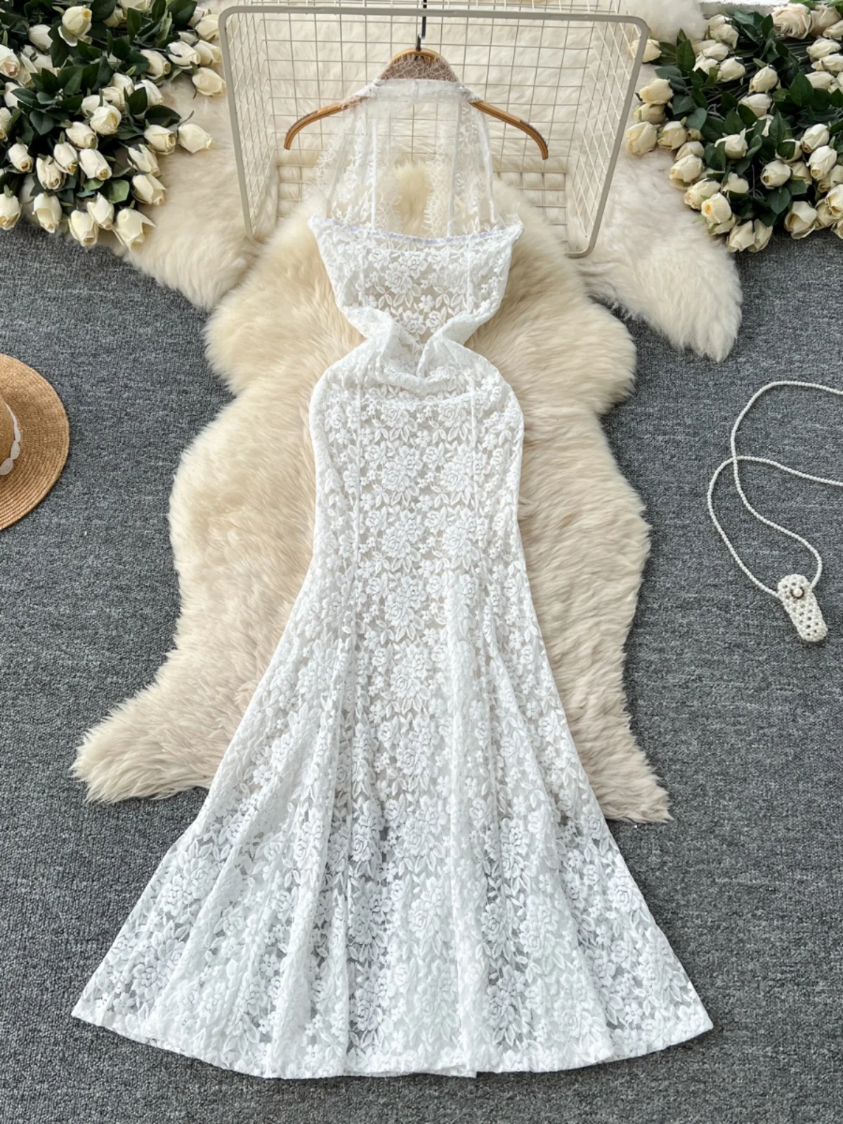 Sexy diepe V Ne Svel Lace doorzichtige lange Dr dames pendelen Koreaanse Sle a-lijn rok lenteseizoen halflange lengte