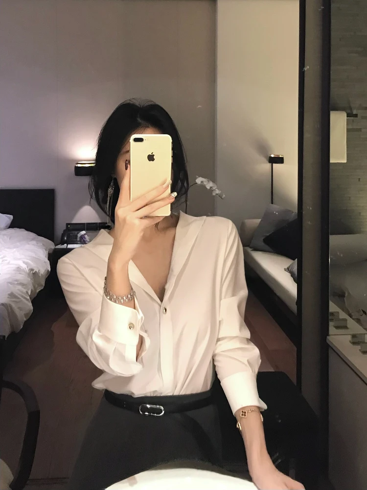 

Design Slimming Long Sve White V-ne Office irt Женский топ Ele Lady Busin без инструментов