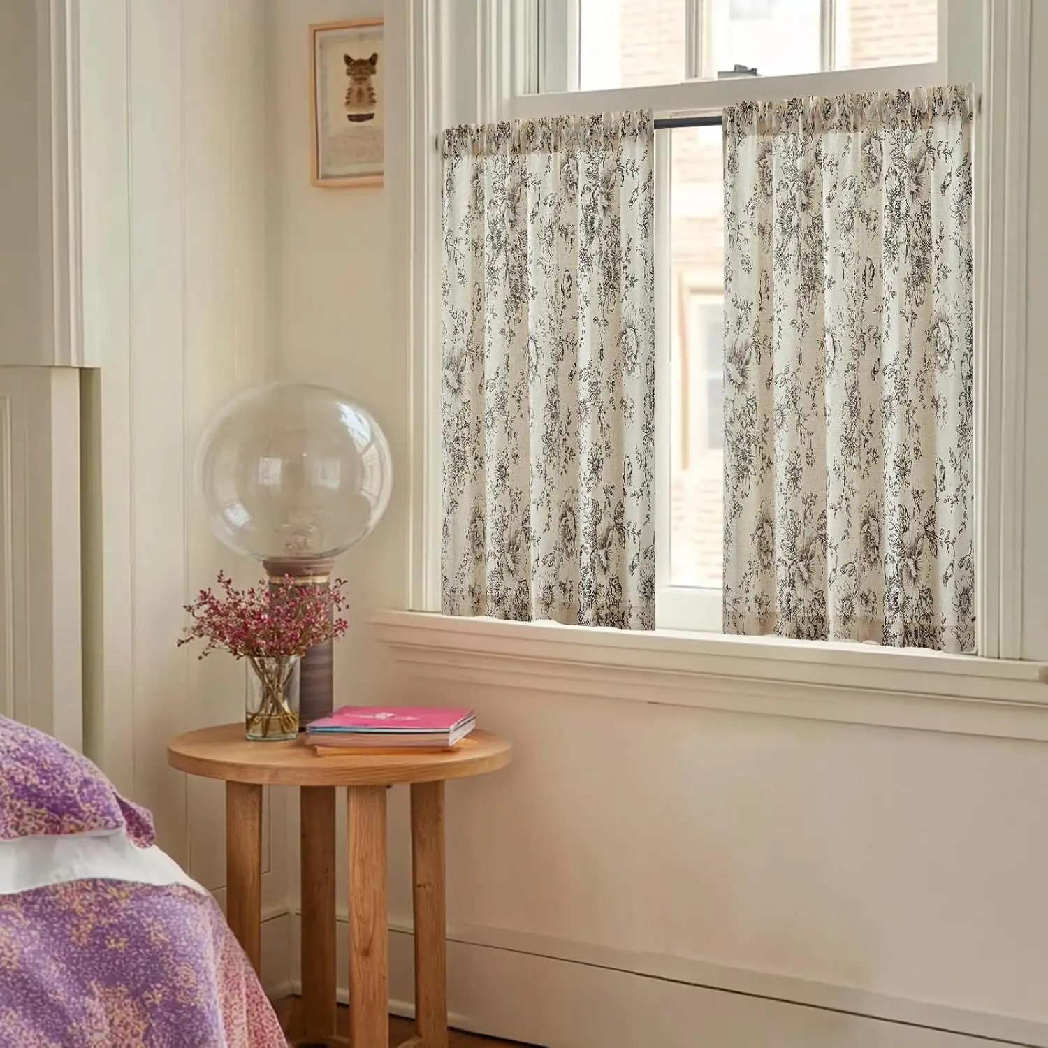 Cottagecore Floral Curtains Pair Botanical Print Polyester Drapes for Living Room Window Decoration Vintage Style Home Decor