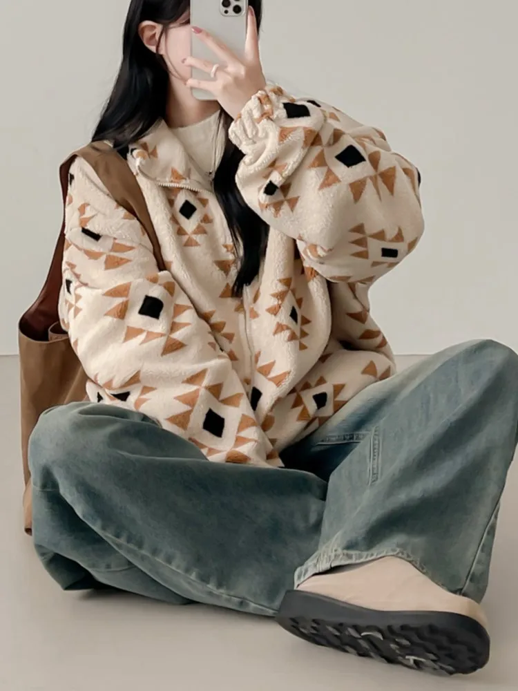 Herbst Winter Plaid Chic Jacke Mantel Frauen Koreanische Lose Cord Zipper Damen Jacken Mäntel Top Manteau Femme Hiver