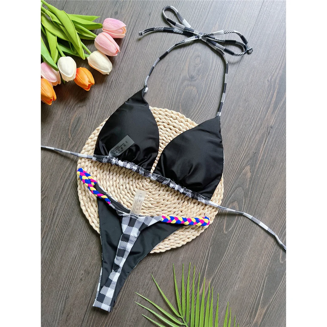 Kariertes Halterneck-Mini-Micro-Tanga-Bikini-Set für Damen, zweiteiliger Badeanzug, Badebekleidung, Badeanzug, Schwimmbikini V6171 – Detail 7