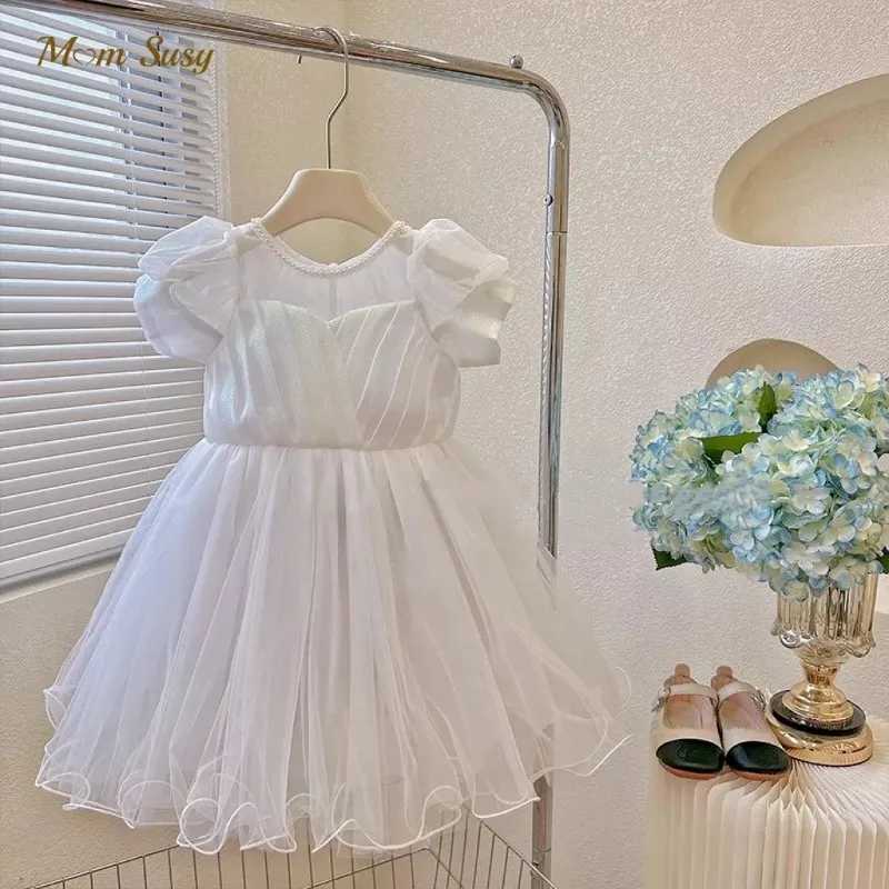 Baby Girl Princess Pearl NeckTutu Dress Puff Sleeve Infant Toddler Vestido Party Pageant Birthday Wedding Baby Clothes 1-12Y