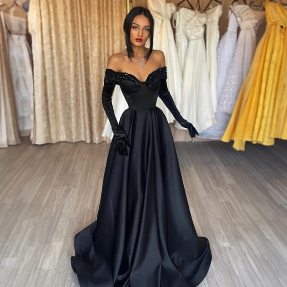 

Black Off the Shoulder Lace Evening Dresses for Bridal A-line Pleated Court Prom Party Gown with Long Sleeve فساتين السهرة