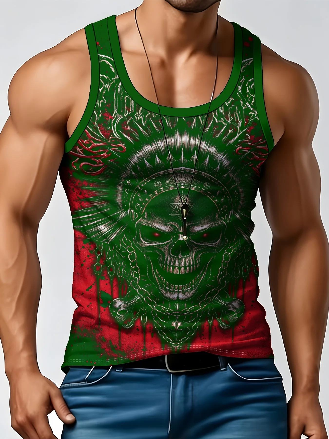 Men's Bright Gothic Tank, Red Eye Skull Chain Pentagram Graphic Sleeveless Vest For Punk Rock