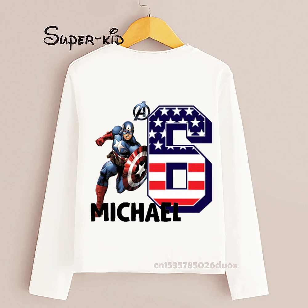 Spring and Autumn Captain America Birthday Long Sleeve Kid T-shirt 2 3 4 5 6 7 8 9 MARVEL Birthday Party Customized Name Clothes