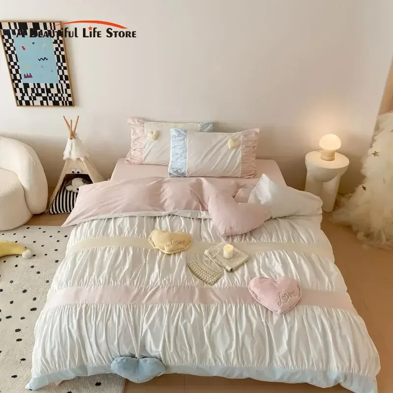 

4/5Pcs Removable Cute Heart-shaped Decoration Washed Cotton Girl Bedding Set 100% Cotton Duvet Cover Set Bed Sheet Pillowcases