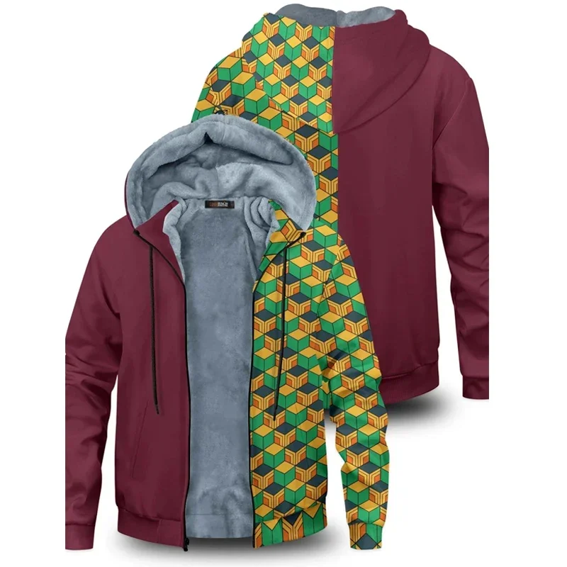 อะนิเมะKimetsuไม่มีYaiba Tanjiro Kamado Hoodies Harajuku Hoodie Sweatshirtขนาดใหญ่ฤดูหนาวขนแกะZip Up Jacketคอสเพลย์Coat MN1