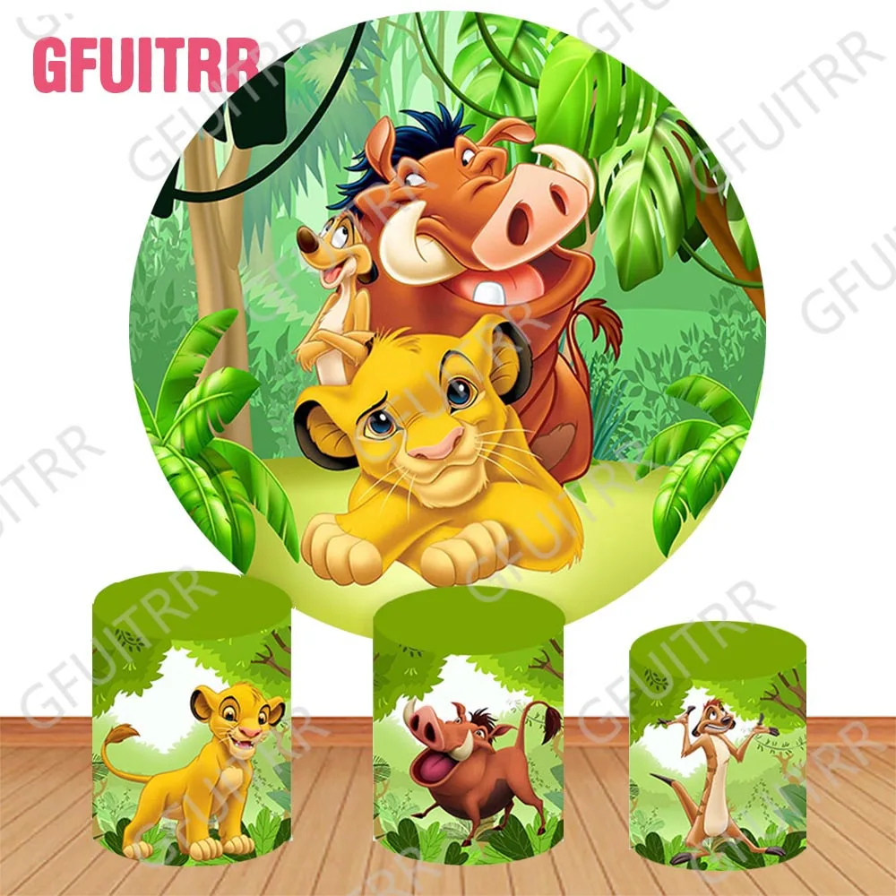 Disney Lion King Jungle Forest Backdrop 1st Child Birthday Baby Shower Backdrop Round Cylinder Cover Decor Photo Booth Prop