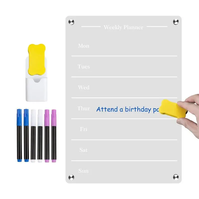 Clear Magnetic Acrylic Calendar For Fridge Weekly Clear Meal Memo Planner Reusable Magnetic Whiteboard With Eraser 6 Colors