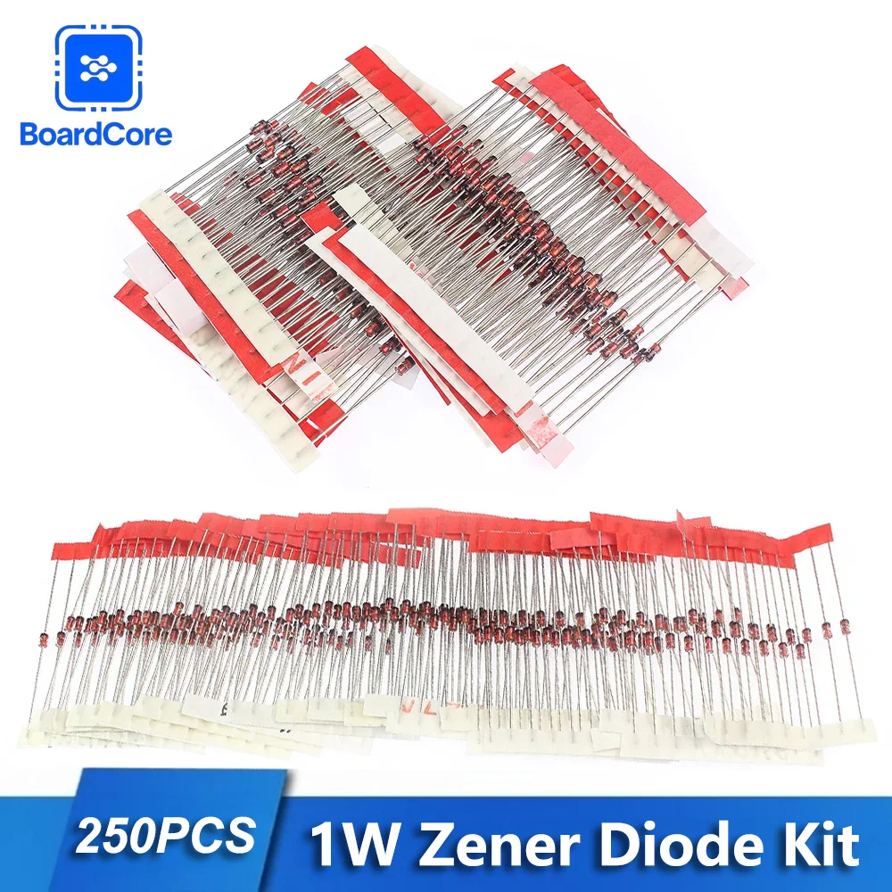 250pcs 25 Value 1W Zener Diode Assorted Kit 3-33V 3V 3.3V 3.6V 3.9V 4.3V 4.7V 7.5V 10V 20V 33V DO-41 Reference Diode Set