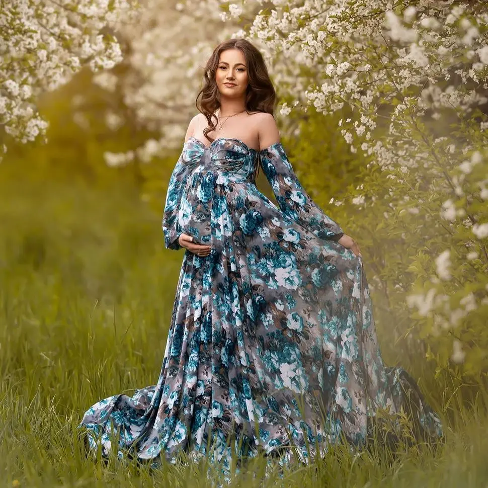 

Organza Floral Printed Prom Dresses for Pregnant Women Sweetheart Maternity Photoshoot Dress with Detachable Sleeves Maxi Gown