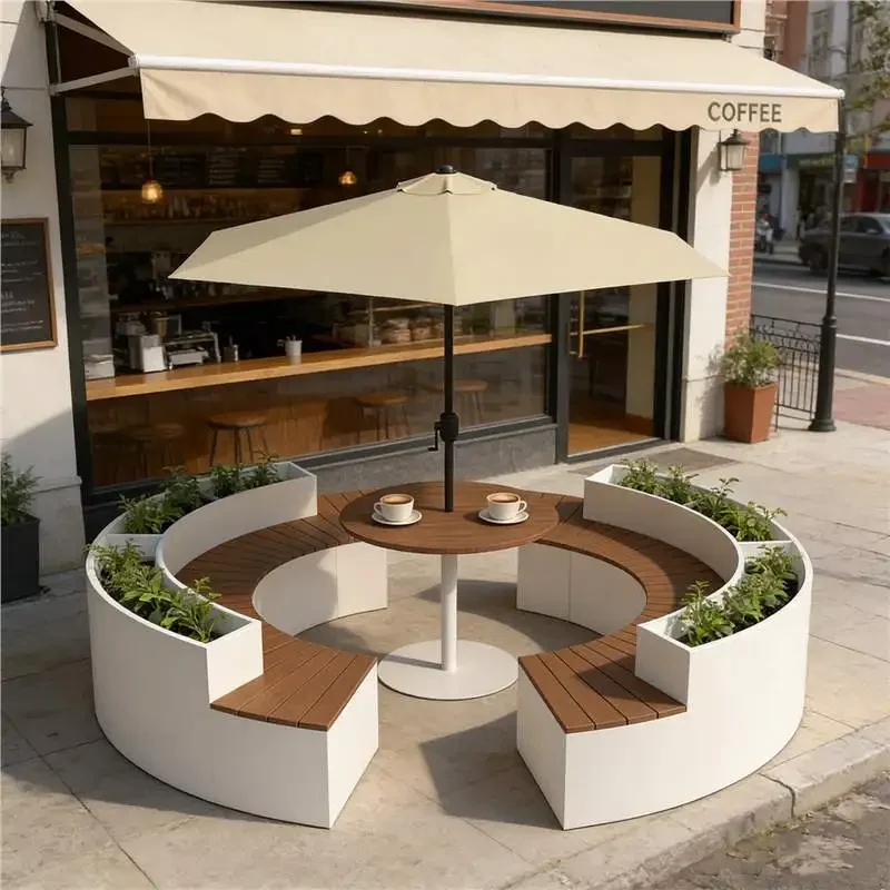 Outdoor ring seat flower box combination thickened wrought iron waterproof plastic wood coffee shop commercial street