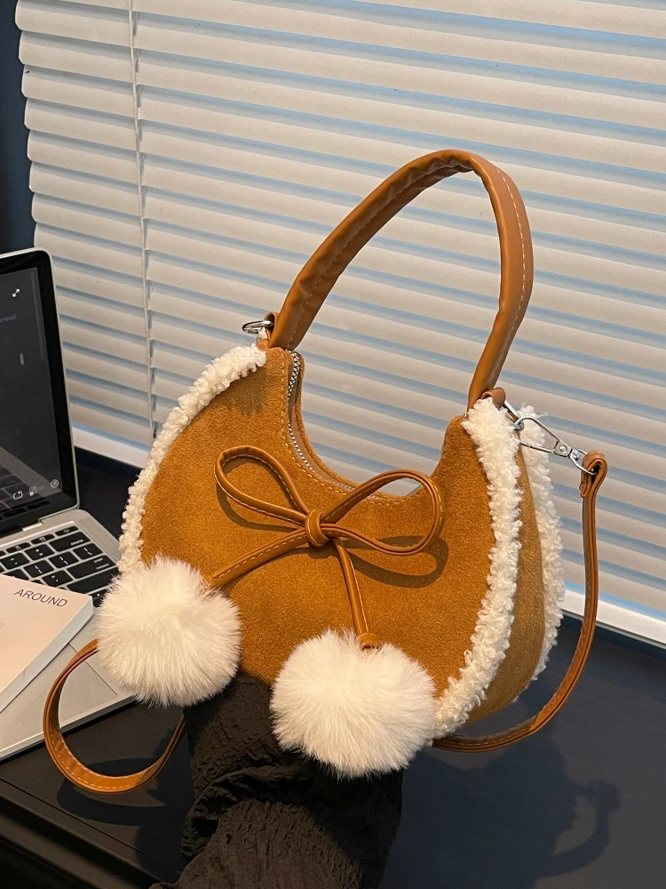 Fashionable Lamb Fur Shoulder Bag Women's Commuter Mobile Phone Bag Small Size Dumpling Shape Bear Lady Brand Pure Color