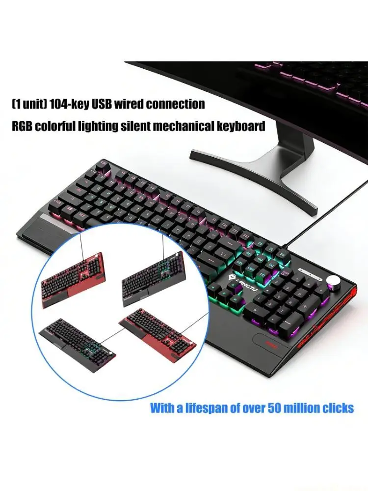 

Silents Mechanical Keyboards 104 USB Cord RGBs Lights Integrated Wrist Support Comfort Typing for Long Hours