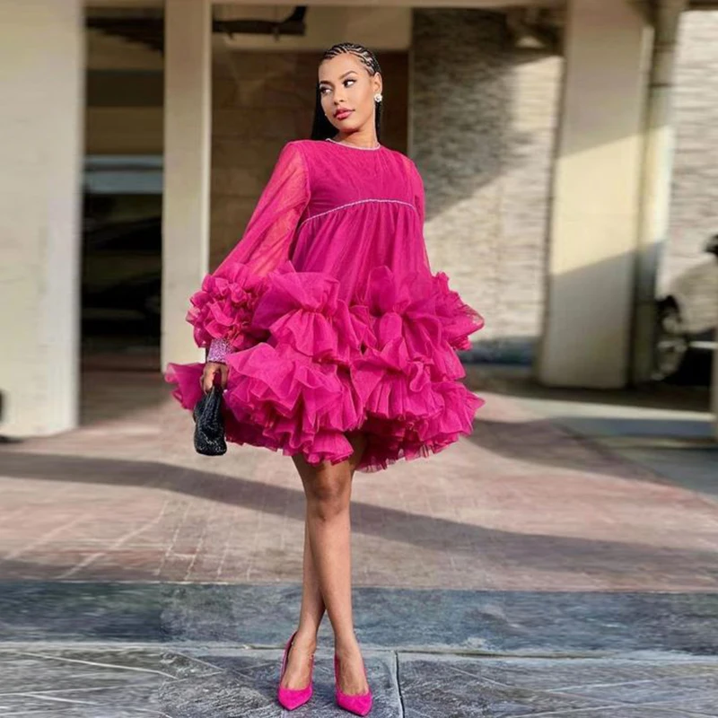 Fuchsia Long Sleeves Short Party Dress Ruffles Puffy African Girls Prom Gown Robe De Soiree Women Above Knee Formal Wear