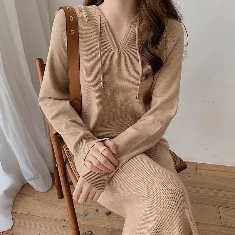 20234 Coffee Loose Long Knitted Dress Women Chic Winter Hooded Knitwear Ladies Jumper Autumn Korean Business Wool Dresses