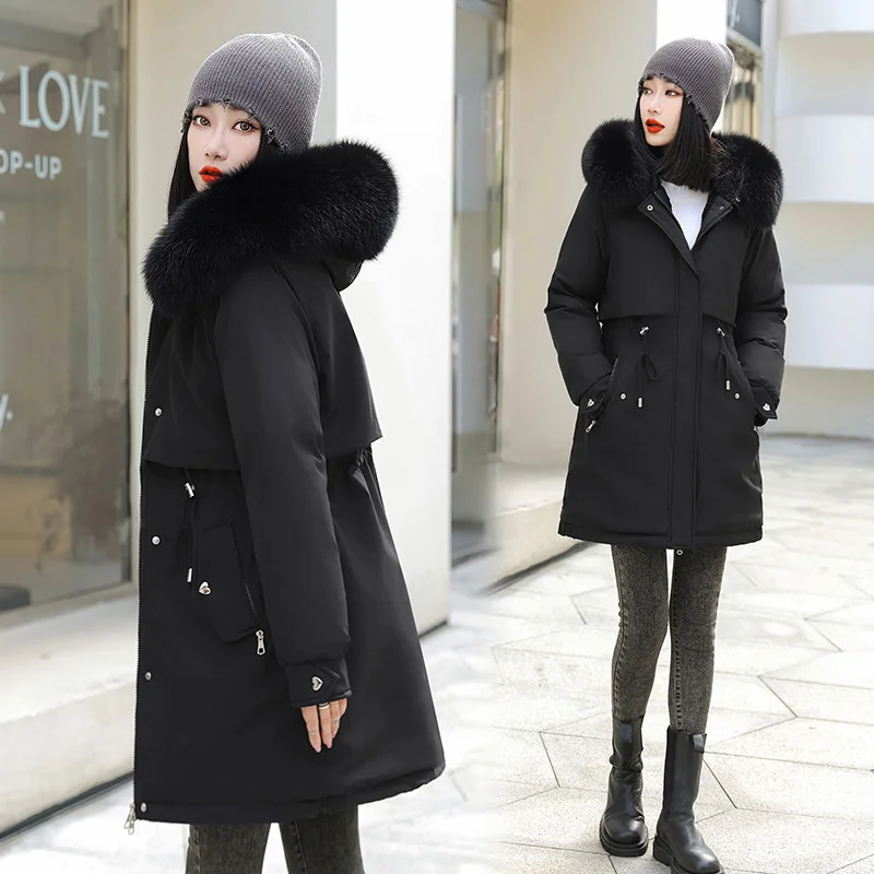 2023 New Winter Jacket Women\'s Thick Warm Down Cotton Padded Jackets Plus Velet Hooded Loose Parkas Puffer Coat Fur Lining Mujer