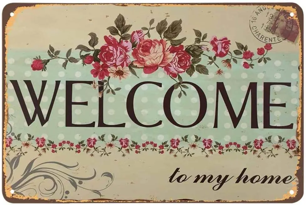 AOYEGO Welcome Tin Sign,Welcome to My Home Letter With Flowers Vintage Metal Tin Signs for Cafes Bars Pubs Shop Wall Decorative 