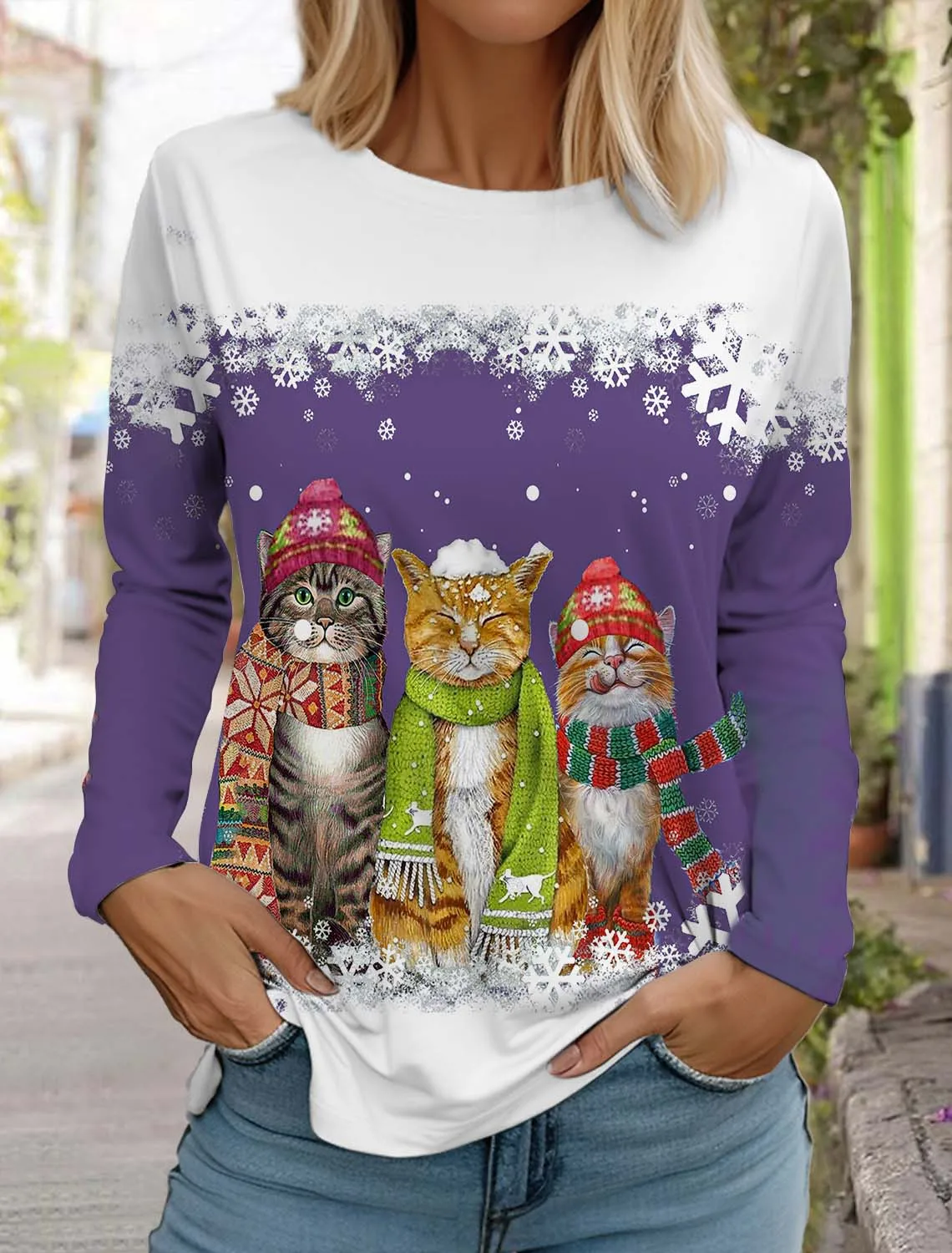 Christmas Cute Cat Women's Long Sleeves T-Shirt Round Neck Long Sleeved Autumn Clothing Animal Holiday Fashion Party T-Shirt