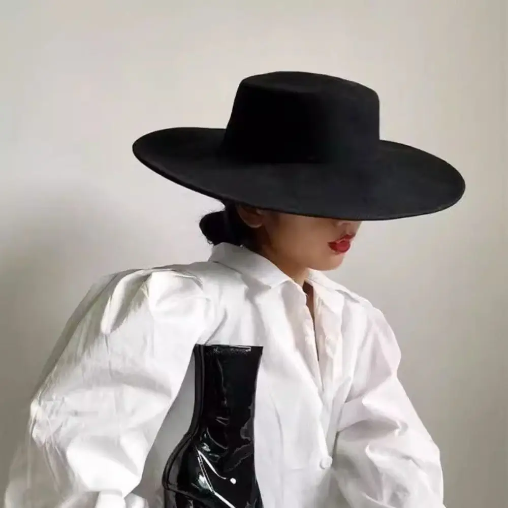 

New Retro Women Flatcap Wide Brim Hepburn Style Felt Hat Solid Color Flat-top Cap Gentleman
