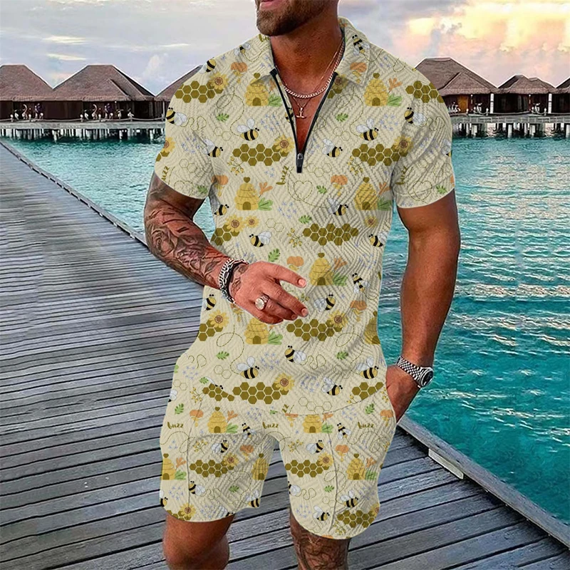 

Men's Fashion Eagle Zipper Polo Shirt set, 3D Printed Casual Polo Shirt And shorts, men's Casual POLO Top + five-inch Shorts Set