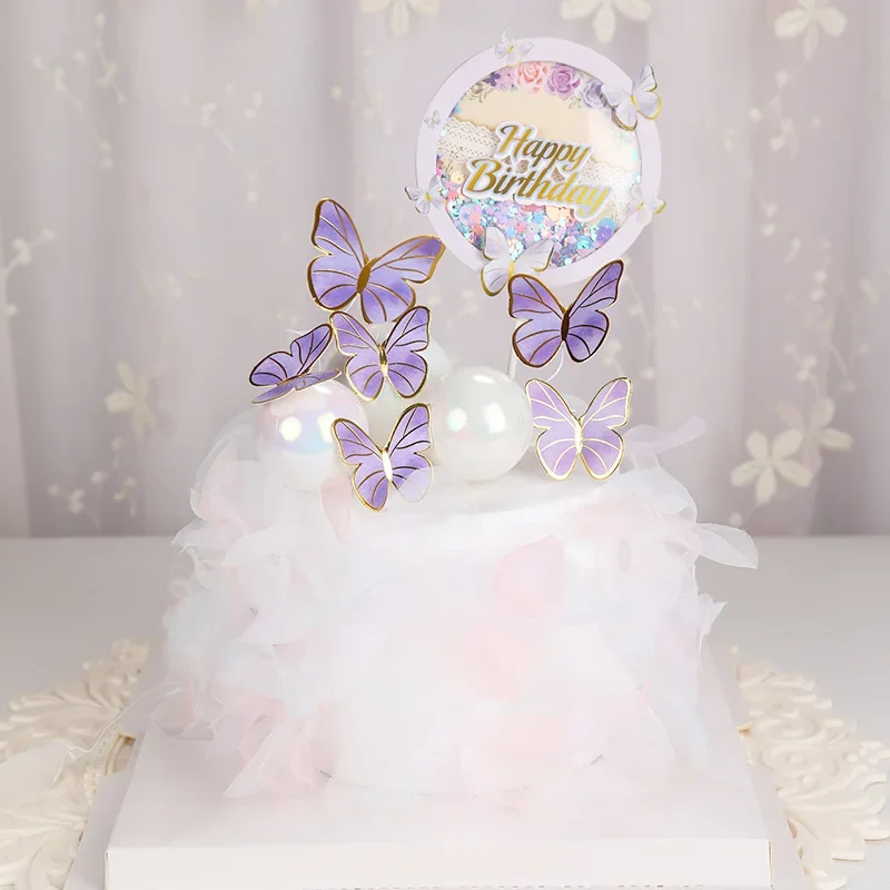 Purple Pink Butterfly Party Cake Decorating Tools Happy Birthday Girl Boy Acrylic Cake Topper Baby Shower Dessert Accessories