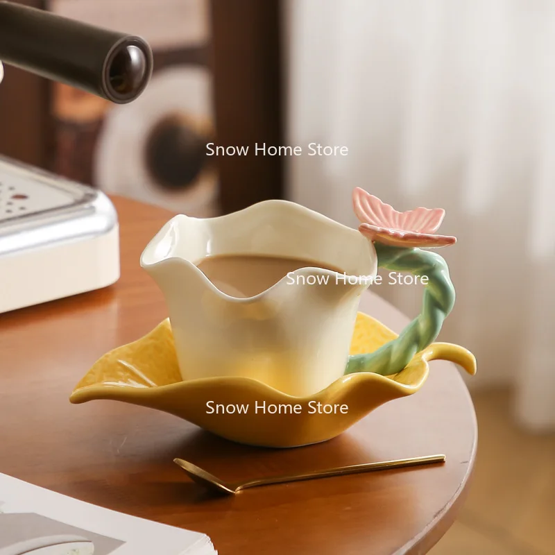 High-value Coffee Cup, Flower Language Butterfly Ceramic and Saucer Set, Free Spoon, Exquisite  Cute Couple Pair Cup
