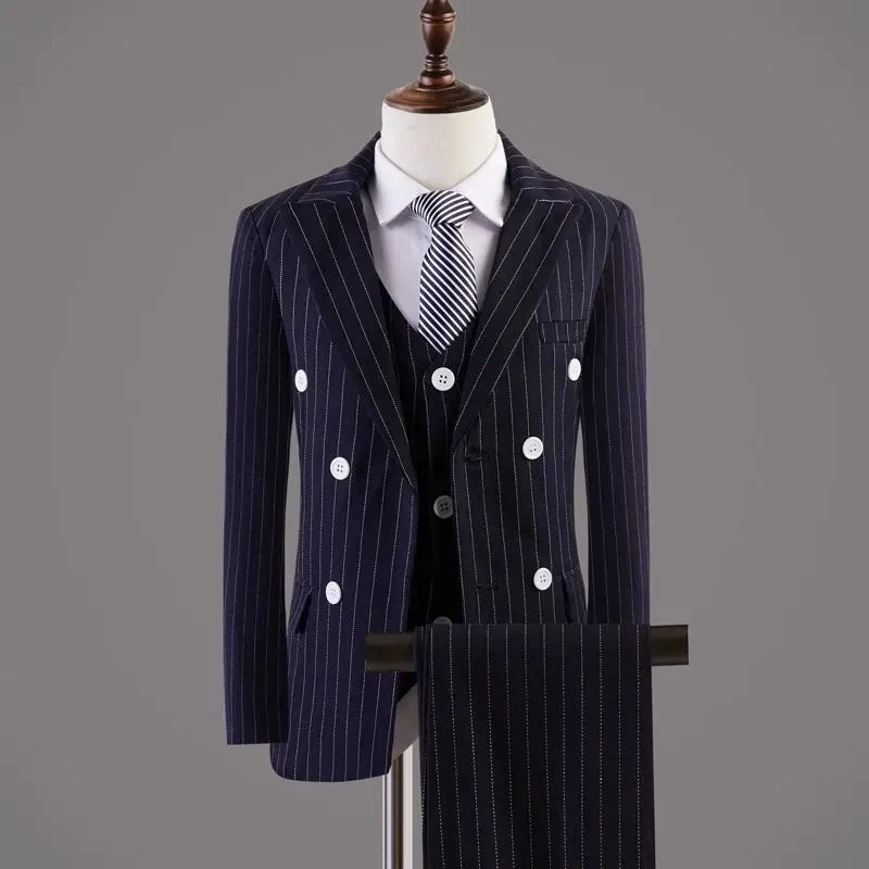 

Boys Formal Striped Suit Set British Style Handsome Children Host Piano Performance Wedding Party Costume Kids Blazer Vest Pants