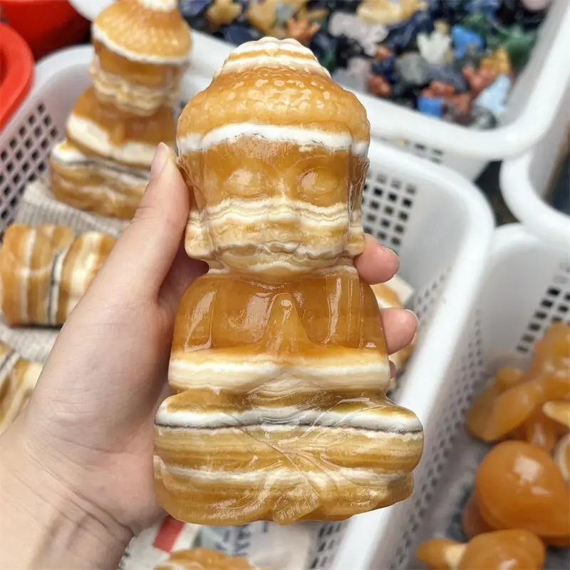 

Natural Orange Calcite Cartoon Carving Memnon Megalith Powerful Statue For Home Room Decoration Gift 1PCS