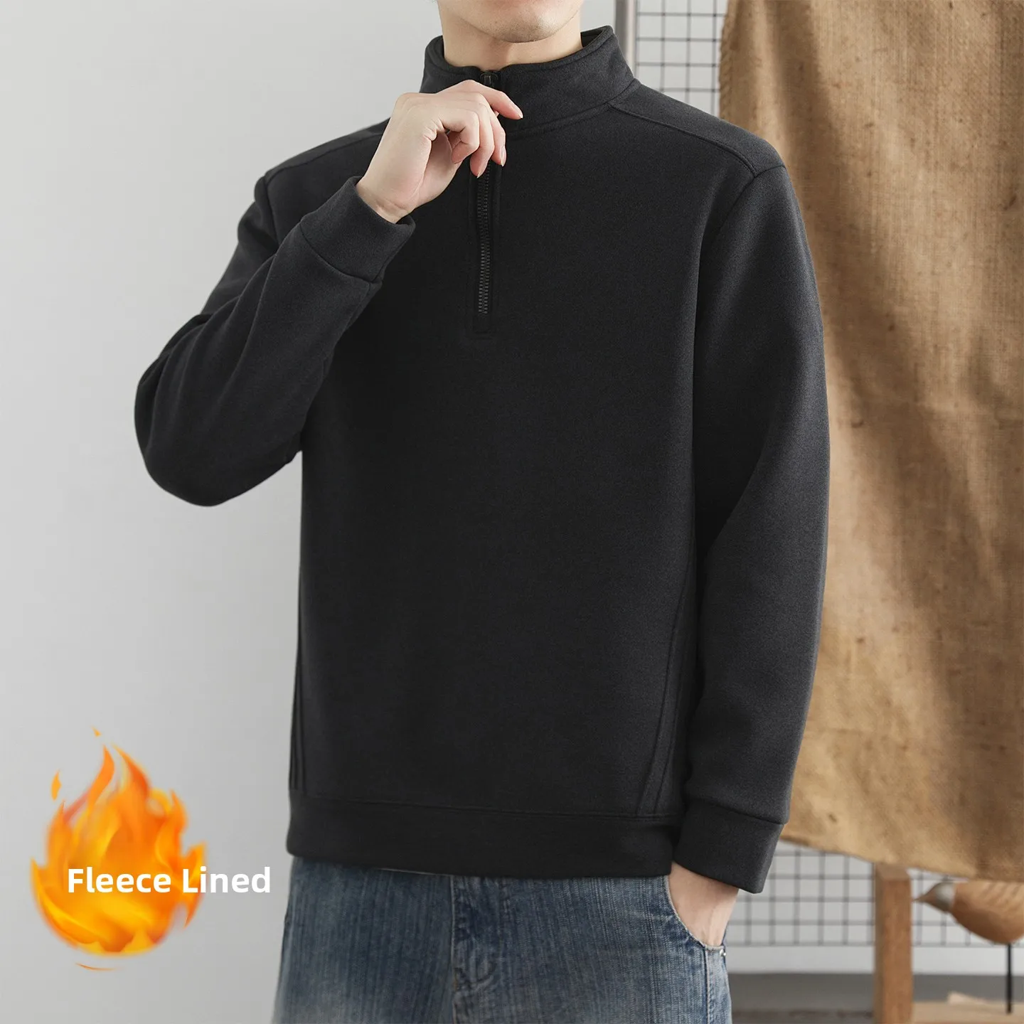 

Men's Fleece Lined Hoodie Long Sleeve Zip up Casual Top Stand Collar Thickened Autumn Winter New Style Loose Fit Urban Fashion