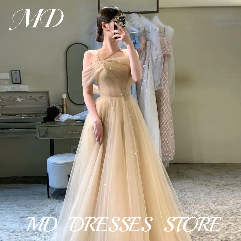 

MD Fairy Khaki Tulle A-line Wedding Party Dress Off Shoulder Pleat Korea Photoshoot Floor Length Customised 2025 Host Dress