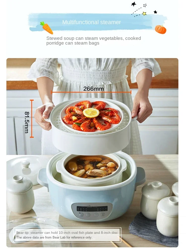 220V Bear Electric Stewpot with Ceramic Pots and Water Separation Structure for Healthy Cooking