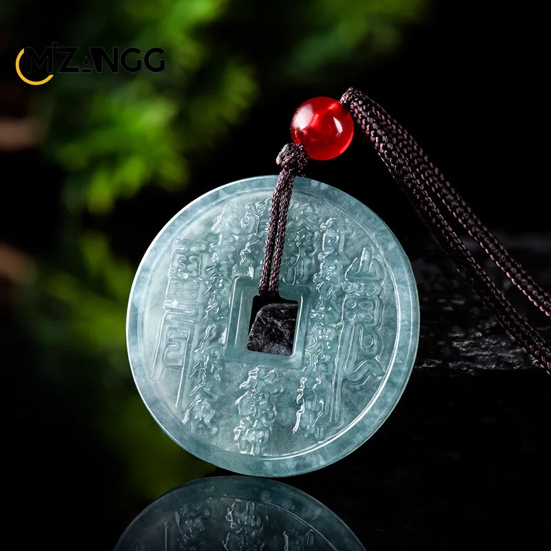 Natural Blue Water Mountain Ghost Flower Coin Pendant: Exquisite and Charming Ice-Type Jade Necklace Unisex Holiday Gift
