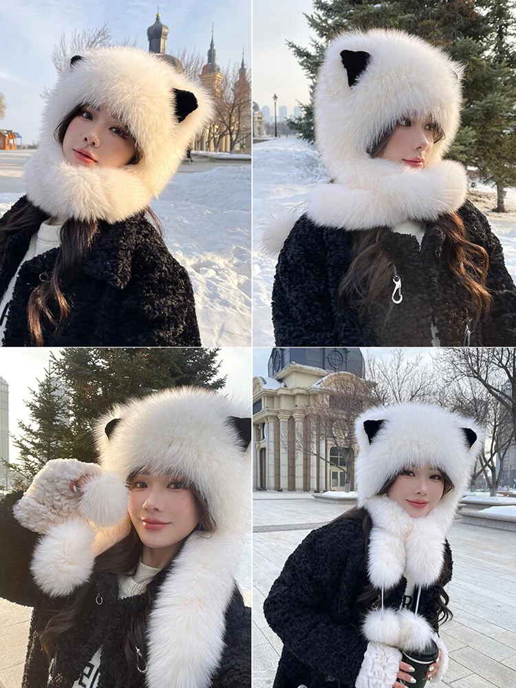 Real Fox Fur Cat Ear Hat Genuine Scarf Hat Winter Windproof Thick Warm Earflap Cap For Women's Natural Luxury Fox Scarves Female