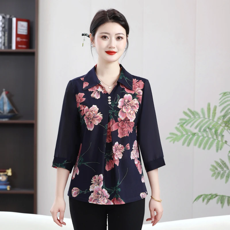 Women's Polo Neck Loose Spliced 3/4 Sleeve Summer Fashion Blouses Korean Commute Printing Shirt