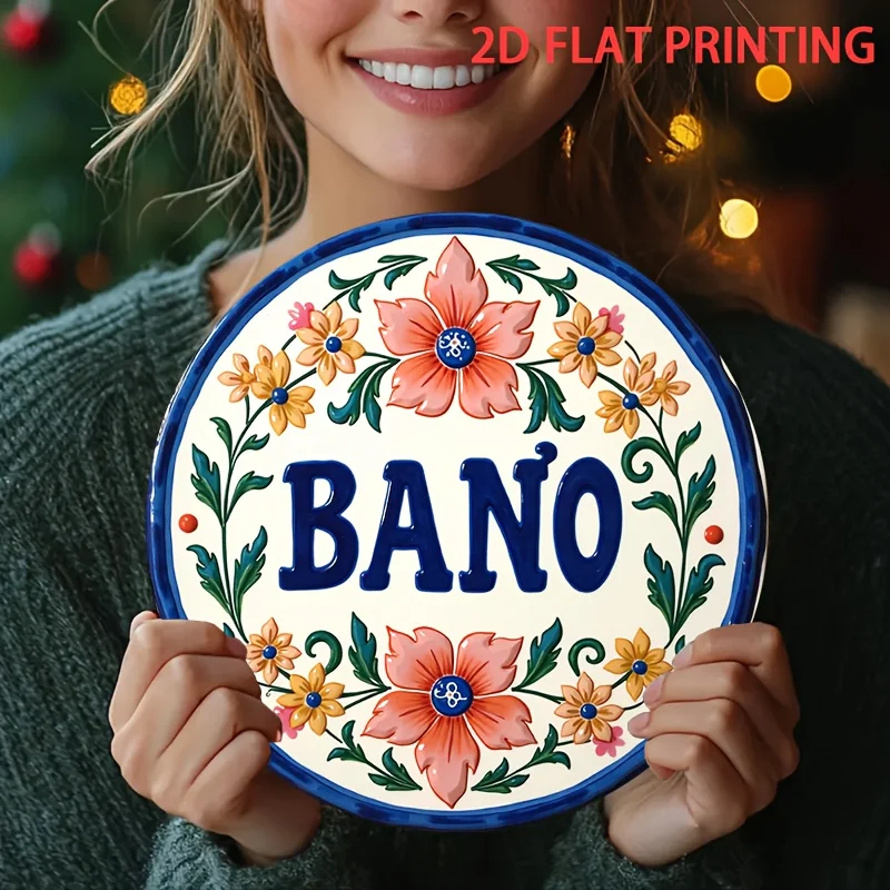 2D Flat, 1pc 8x8 Inch Round Mexican Talavera Tile Tin Sign - Rustic Vintage Blue & Orange Floral Design with 