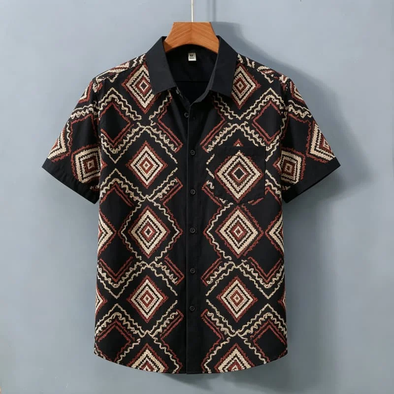 Ethnic tribe geometric printed short sleeved shirt with pockets, trendy art style, suitable for street travel and vacation wear