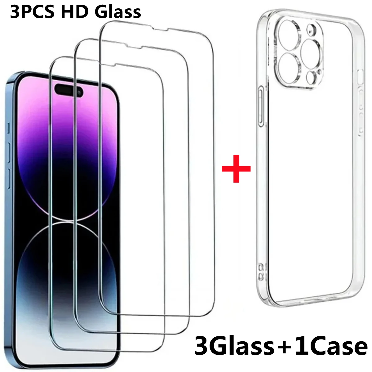 3pcs HD Tempered Glass + 1pc Phone Case Set Meal For IPhone 15 13 14 Pro Max 12 Mini 11 Pro Max 14 Plus Screen Protector