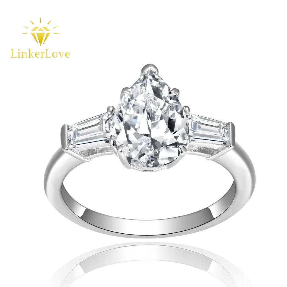 

LinkerLove S925 Silver 2CT Pear Cut Moissanite Three Stones Engagement Ring for Women Trapeze Baguette Side Stones Wedding Band