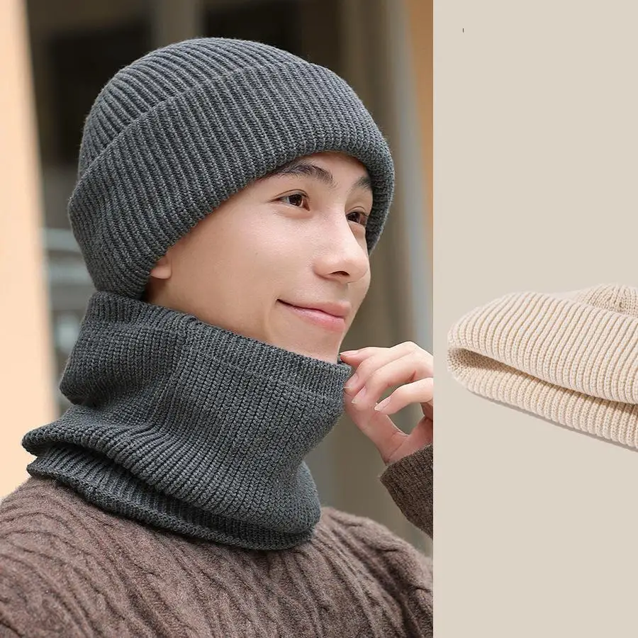 Winter Hat Scarf Set For Men Women Unisex Double Thickened Knitted Beanie Windproof Collar Keep Warm Korean Hat Scarf Women 2023