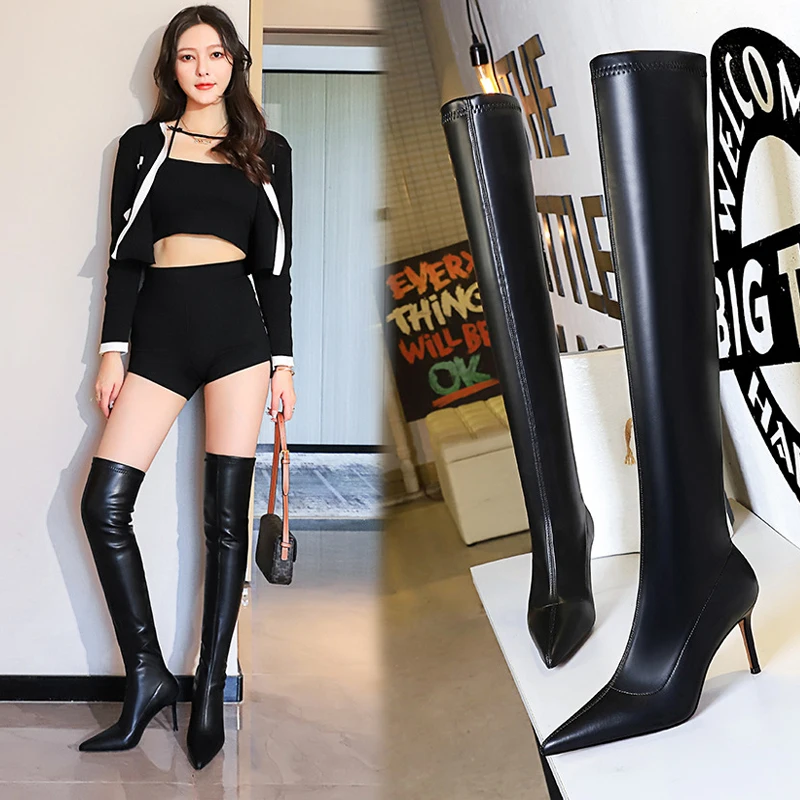 BIGTREE Shoes Sexy Over-the-Knee Boots Women Quality Leather Boots Plush Keep Warm Winter Boots High Heel Boots Plus Size 42 43