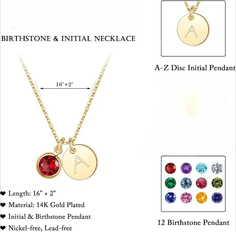 Regalos de cumpleaños Collar de piedra de nacimiento con letra de disco de acero inoxidable chapado en oro de 14 quilates resistente al agua para niñas y mujeres personalizado