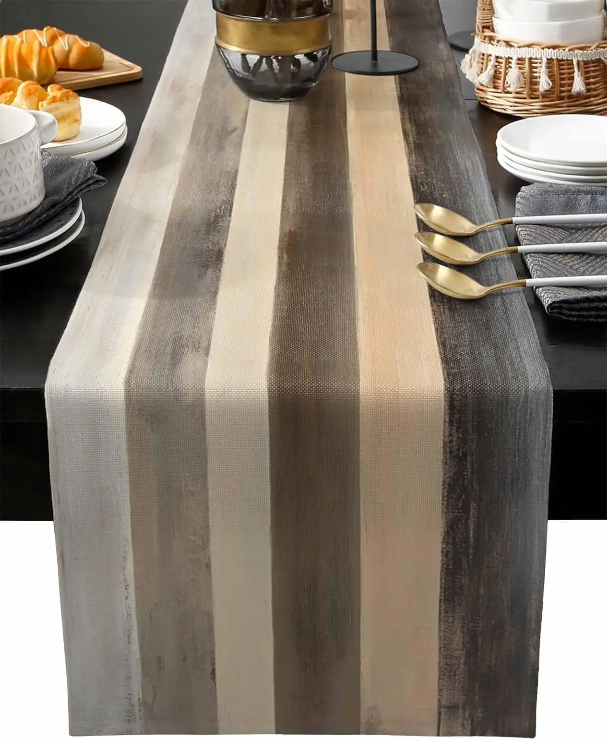 Abstract Brown Stripe Linen Table Runner Holiday Home Party Decor Geometric Wood Grain Table Runners Kitchen Dining Table Decor