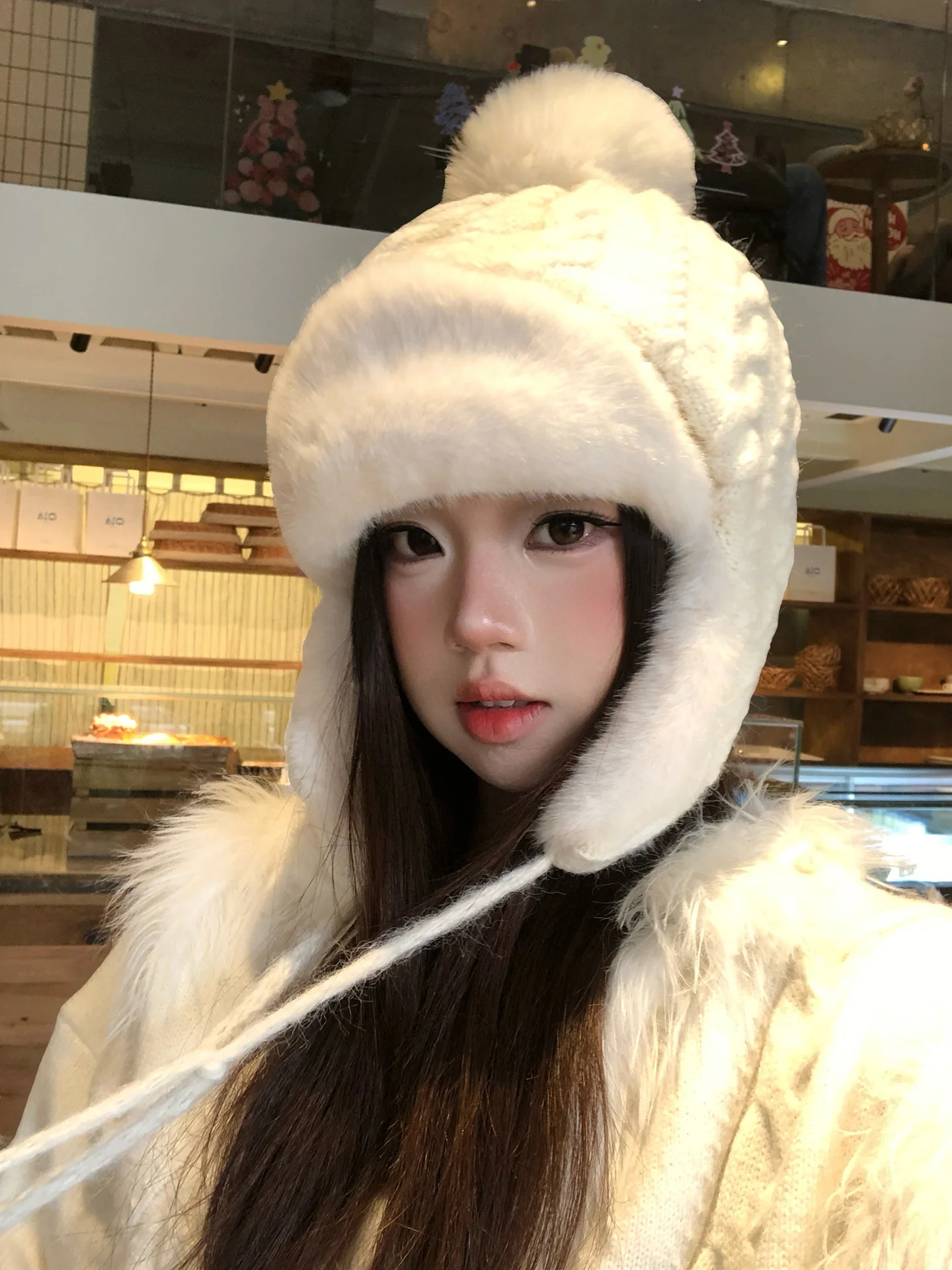 Thickened Northeast Fluffy Warm Lei Feng Cap Women Winter Cold Proof Facial Small Fleece Knitted Ear Protection Hat