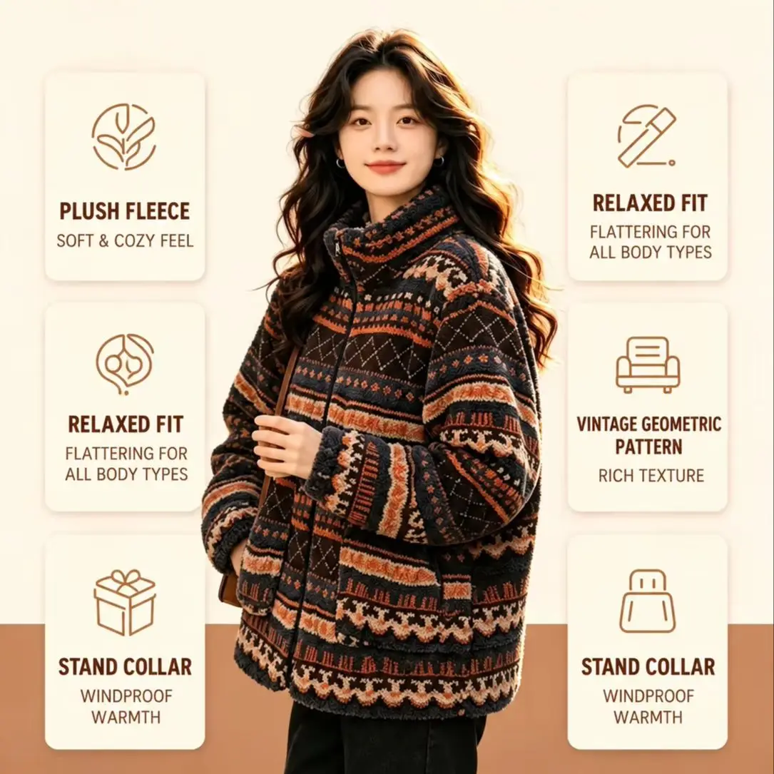 Women's Autumn Winter Outerwear Retro Thick Fleece Top Stand-Up Collar Printed Warm Versatile Simple Casual Loungewea Sleepwear