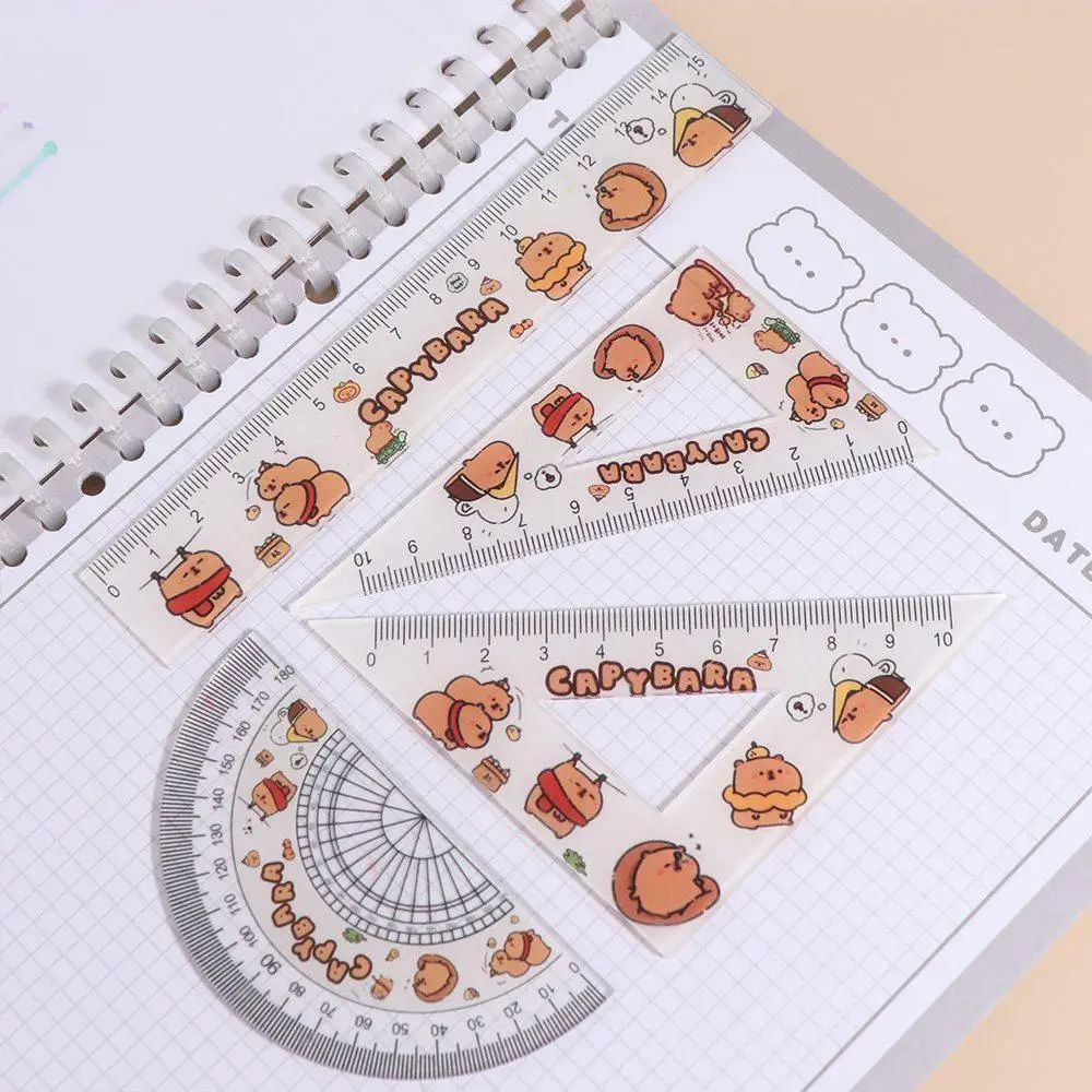 Creative Ruler Four-piece Set Cartoon Stationery Triangle Protractor Set Acrylic Cute Capybara Pattern Ruler Set Children